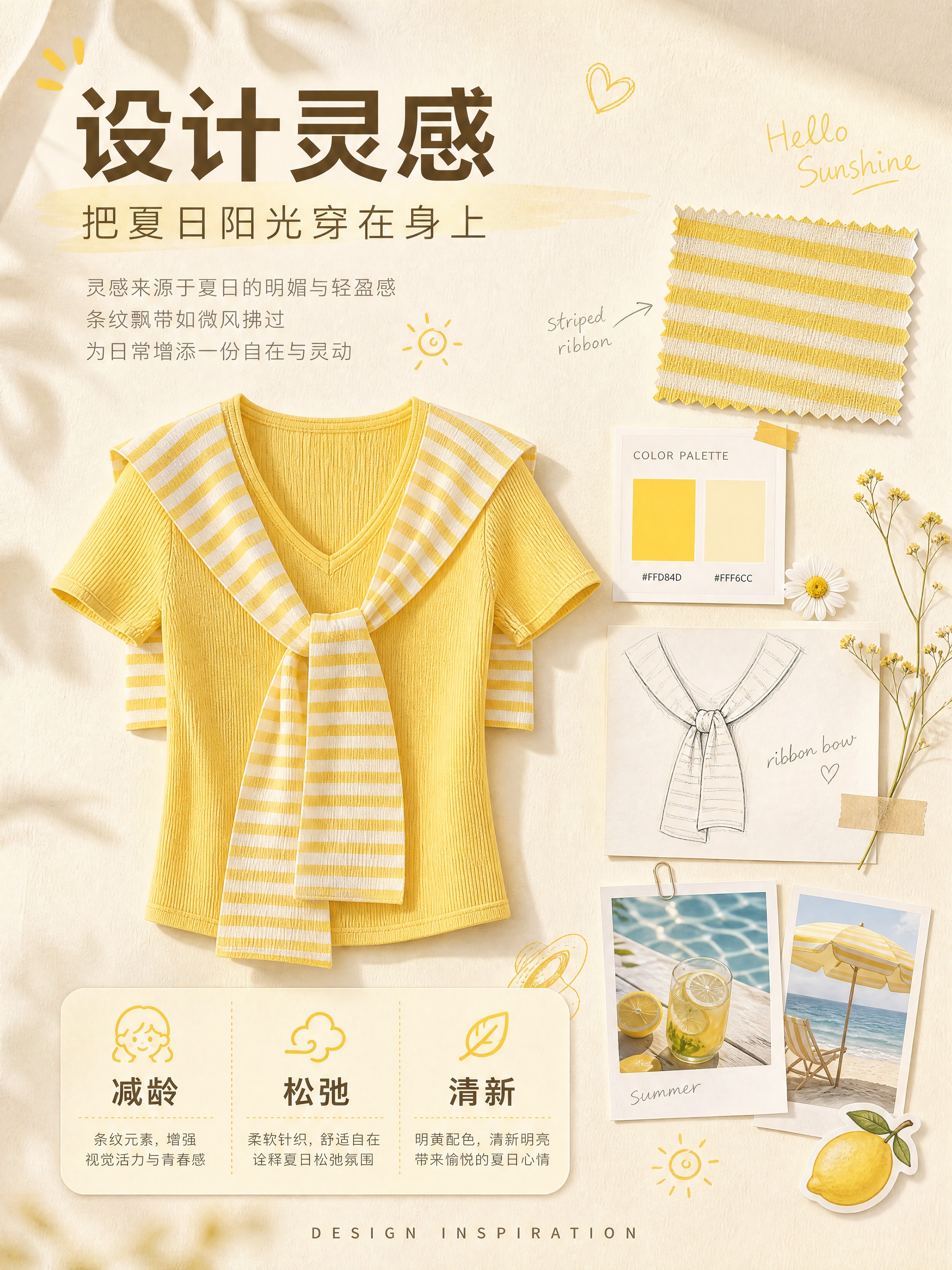 [商品] 使用【图1】黄色V领条纹飘带短袖针织上衣；商品处理：… - 图片创意预览