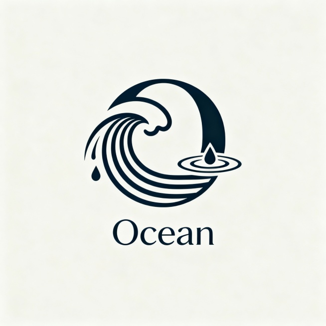 一个极简主义风格的商业标志设计，背景为纯净的单色（建议选用柔和的浅灰或米白），主体图案是一个经过艺术化变形的字母“O”，其形态可融入海浪的曲线、水滴的轮廓或环形涟漪的意象，线条流畅且具有现代感；图案下方是清晰、简洁的无衬线字体“Ocean”，字形纤细优雅，与上方图形在视觉重量上保持平衡；整体构图居中对称，留白充足，营造出宁静、开阔、高端的海洋氛围，适用于各类商品包装或品牌识别系统。预览效果