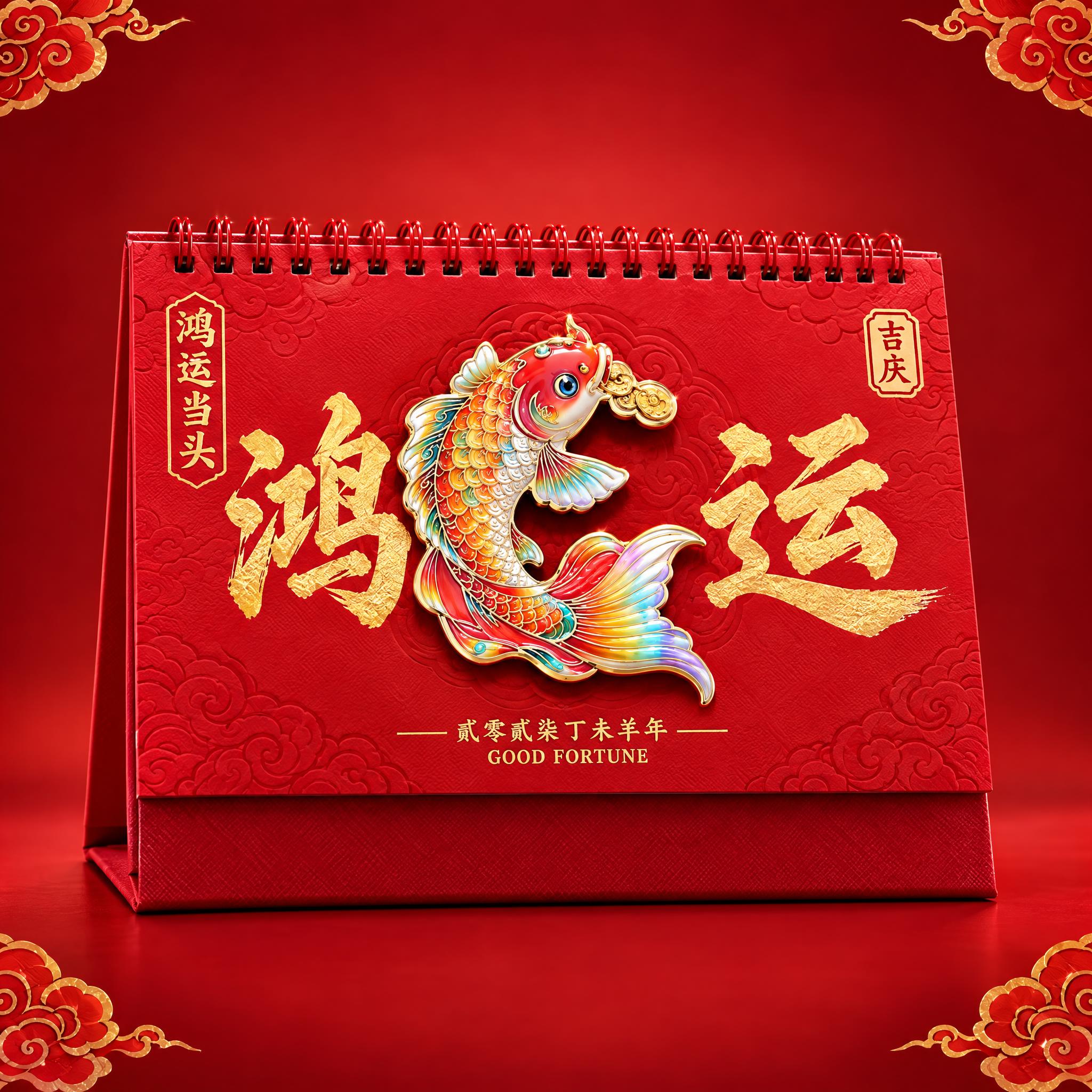 将这张四宫格图中的鸿运当头款（右上锦鲤款）台历单独提取出来，生… - 图片创意预览