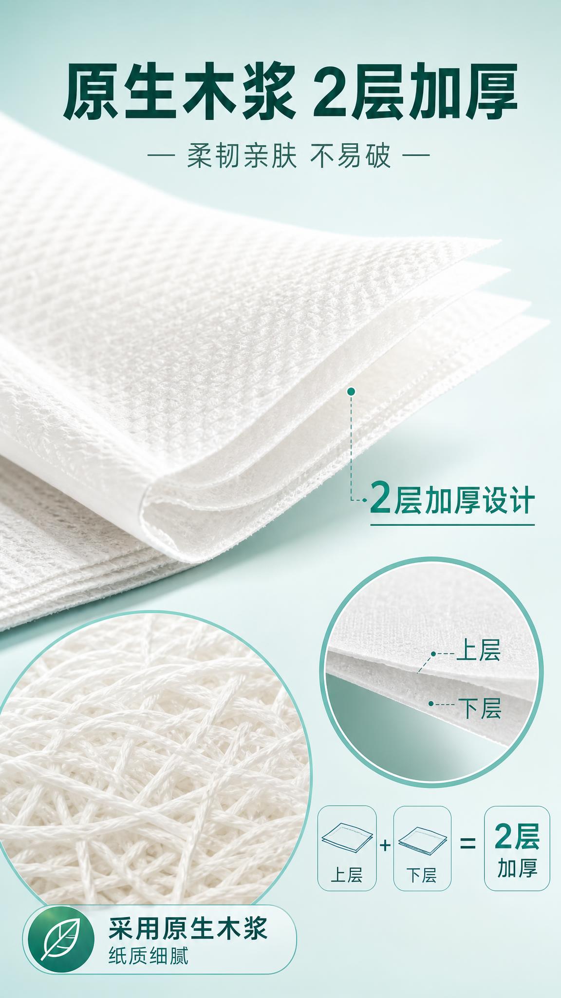 [主图-3] 主题：材质细节-原生木浆与2层加厚结构，展示纸张… - 图片创意预览