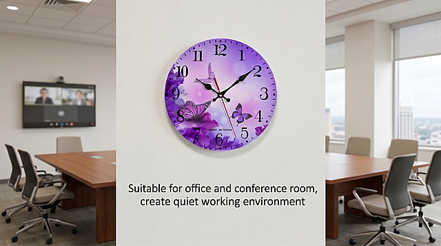A round wall clock with purple flower and butterfly pattern, silent no ticking, keep the clock's main features unchanged, installed in an office meeting room, ultra clear, rich details, realistic and natural, English copy: Suitable for office and conference room, create quiet working environment