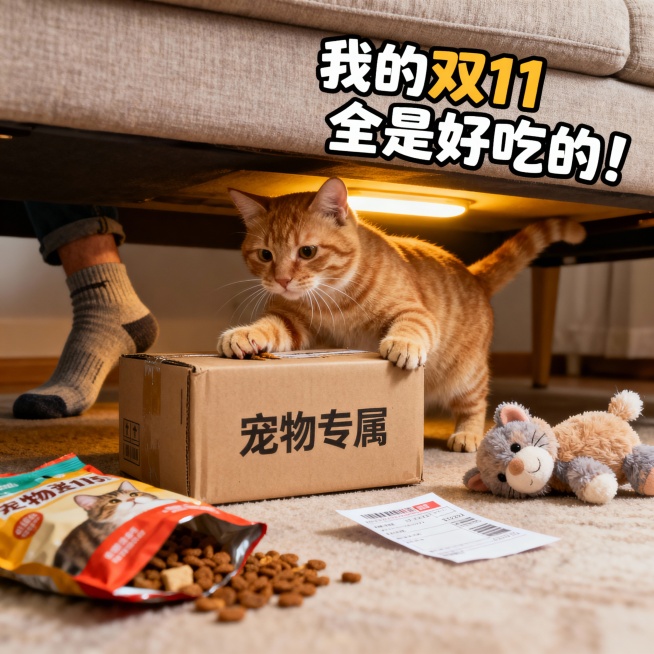低角度猫咪视角，一只橘猫正用爪子扒拉着印有“宠物专属”的快递盒，旁边散落着猫粮袋和毛绒玩具，背景是沙发底部，露出人类的袜子和半张快递单，暖黄色的灯光从沙发缝隙中透出，右上角有卡通字体“我的双 11 全预览效果