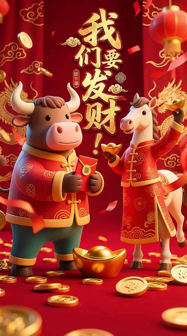 3D渲染风格，一头牛和一头马身穿喜庆礼服，手舞足蹈站立，牛的手上拿着红包，马的手上拿着金元宝，地上散落着大片的金币，上方有竖版主题字“我们要发财！”，整体构图为竖版，适合作为手机壁纸，画面色彩鲜艳喜庆，细节丰富，超高清画质