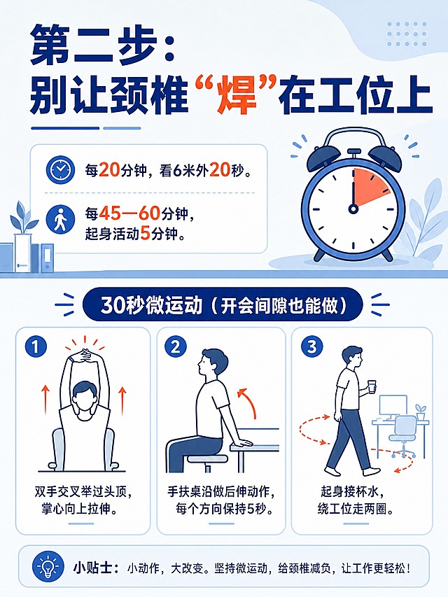 生成一张竖版3:4健康科普信息图插画（扁平矢量风格，专业、轻松）。主色深蓝+灰蓝，橙色/红色小面积用于强调。标题：“第二步：别让颈椎‘焊’在工位上”。上半部分文案：“每20分钟，看6米外20秒。”“每45—60分钟，起身活动5分钟。”配一个小闹钟插画。中间小标题：“30秒微运动（开会间隙也能做）”。下方三个动作图标卡片（简洁线性人物图标+箭头示意拉伸方向）：1) 双手交叉举过头顶，掌心向上拉伸；2) 手扶桌沿做后伸动作，每个方向保持5秒；3) 起身接杯水，绕工位走两圈。每张卡片配对应短句文案。背景浅色，干净信息图排版，无照片，无水印。