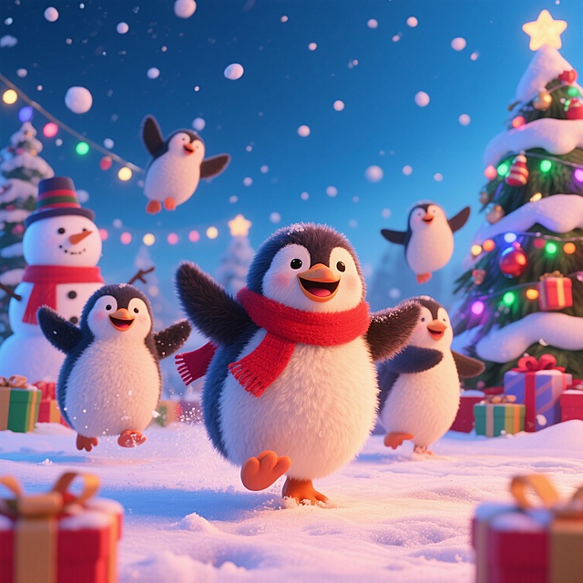 可爱的企鹅们在雪地奔跑，欢笑，背后是圣诞场景，有可爱的雪人，圣诞树