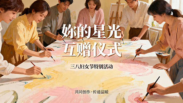 三八妇女节活动PPT内页，主题“妳的星光互赠仪式”，温馨治愈风格，大家在画布上共同绘制集体作品，暖色调，充满凝聚力和温情，适合PPT内页展示
