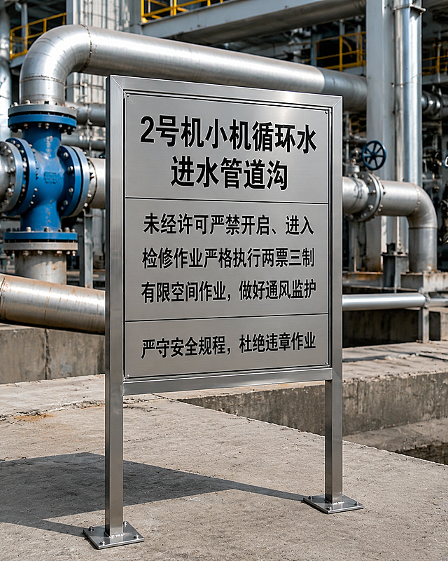 电厂户外立式安全警示牌，不锈钢腐蚀刻字填漆工艺，哑光金属面板，精致金属包边，双立柱方管支架，牌面内容为：顶部大标题“2号机小机循环水进水管道沟”，中间三行警示语“未经许可严禁开启、进入”“检修作业严格执行两票三制”“有限空间作业，做好通风监护”，底部标语“严守安全规程，杜绝违章作业”，无责任人信息，凹陷刻字黑色填漆，质感高级，工业厂区背景，高清写实，永久防腐蚀不褪色，高端工业标识牌