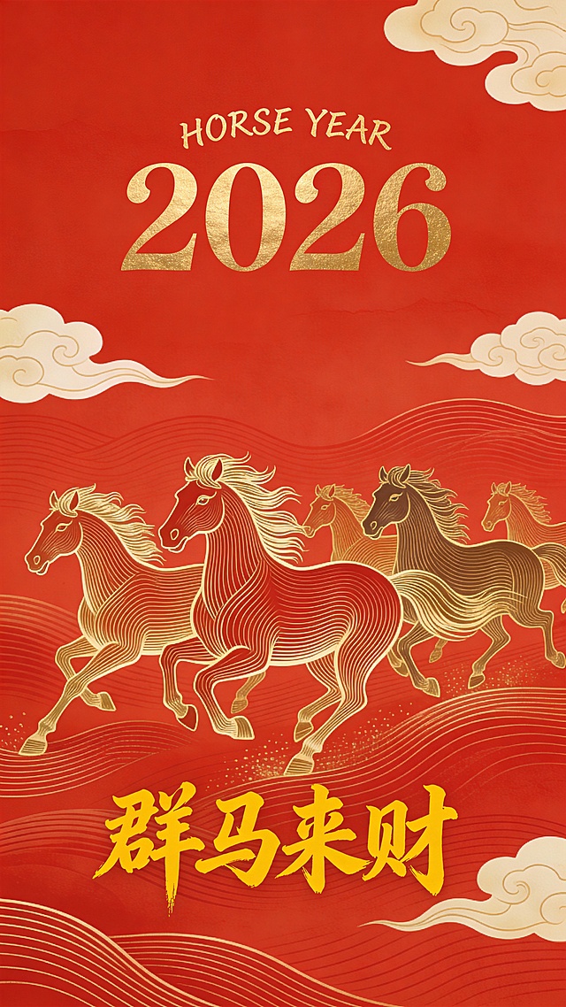 红金配色，描边与鎏金工艺结合，浮雕质感群马奔腾，中式祥云点缀，国潮风浓郁，喜庆吉祥，寓意2026马年“群马来财”。