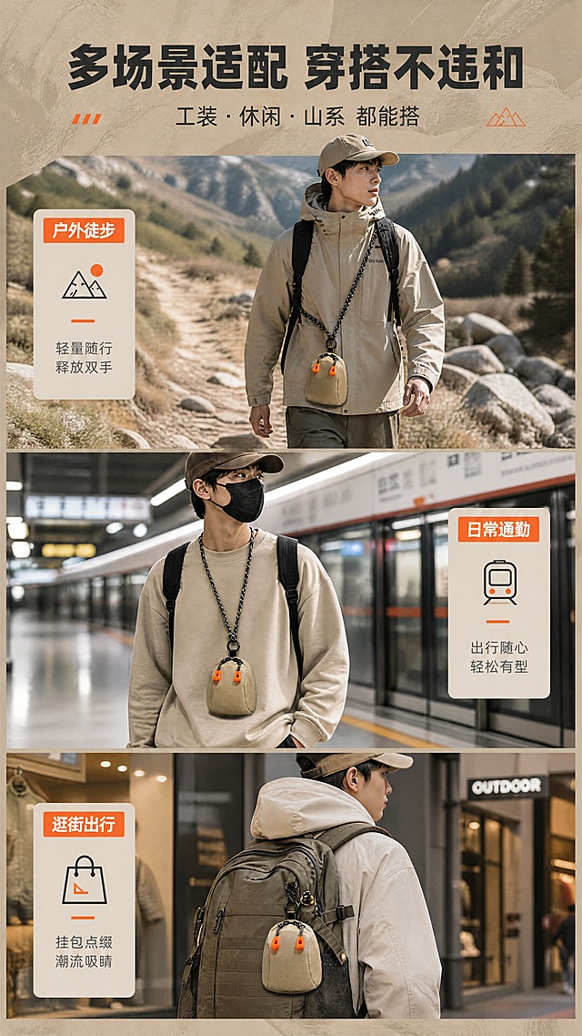 [商品] 使用【图1】卡其色多功能斜挎小包；商品处理：保留迷你立体小背包造型、双拉链橙色拉头、黑色圆环扣、黑白点纹挂绳、卡其色耐磨面料和整体结构；自然理顺面料褶皱，增强面料纹理质感、拉链五金光泽和缝线细节，不改变版型、颜色和结构。
[画面] 目标：多场景穿搭展示。构图：3张场景图纵向排列，每张占画面约1/3高度：上图"户外徒步"（山野小径场景，工装穿搭模特斜挎小包行走）、中图"日常通勤"（城市街道/地铁站场景，休闲穿搭模特挂脖佩戴）、下图"逛街出行"（商圈/街头场景，潮流穿搭模特挂在背包上）；每张图左侧或右侧配场景标签；整体山系机能风统一，模特为亚洲年轻人，穿搭偏工装/休闲/山系风格。阅读动线：顶部标题→3张场景图从上到下依次阅读。
[视觉] 套系策略：风格=山系机能户外商业摄影；标题字=粗黑体硬朗无衬线；正文字=简洁无衬线体；主色=卡其棕；背景延展=基于卡其棕做深浅层级、同色渐变和户外自然肌理（岩石/草地/帆布纹理）；强调色=荧光橙，仅用于小面积图标、引线、标签和拉链呼应；标题色=深炭灰；正文色=中暖灰；组件=直角浅底信息卡、粗线引线、机能风图标；光影=左前侧自然光，柔和硬朗兼具，产品底部有自然接触阴影。
[文字] 最顶部主标题"多场景适配 穿搭不违和"，副标题"工装·休闲·山系 都能搭"；3张场景图分别标注"户外徒步""日常通勤""逛街出行"；标签用荧光橙色底白字小卡片，放在每张图角落；所有文字横排。
[规格] 图片比例9:16竖版，4K，避免变形、错字、文字过小、冷蓝/蓝灰背景、产品颜色改变、版型失真、纯白背景。