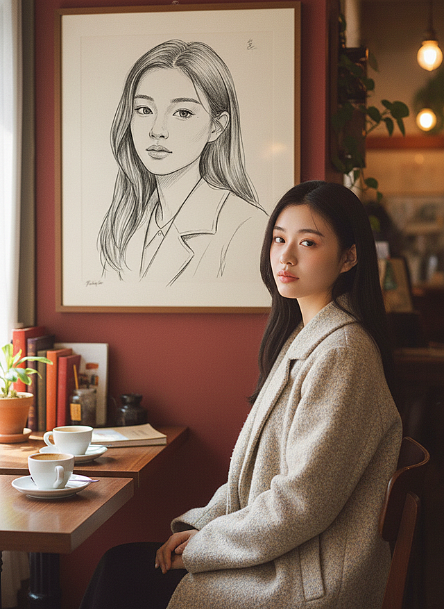 写真摄影风格，咖啡厅背景，远景半身照。主视觉是图示女生，姿态舒展，冬装。墙面上贴着她的画像，画像是手绘黑白漫画风。人物与人物画像同框的打卡效果