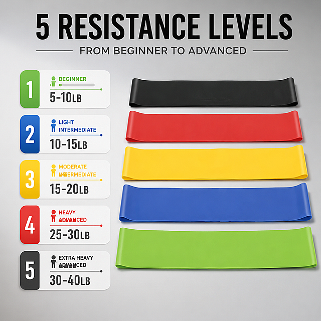 Resistance bands 5 resistance levels infographic. Light gray gradient background, professional fitness product style. Center shows all 5 resistance bands (black red yellow blue green) arranged vertically in a slight diagonal display. Left side has 5 numbered level cards with color-coded labels matching each band. Each card shows resistance value in lb: Level 1 Green 5-10lb, Level 2 Blue 10-15lb, Level 3 Yellow 15-20lb, Level 4 Red 25-30lb, Level 5 Black 30-40lb. Top title in bold English: "5 Resistance Levels". Subtitle below: "From Beginner to Advanced". Small icons next to each level: beginner, intermediate, advanced labels. Keep all 5 resistance bands identical to input product in shape, material, color and texture. Commercial photography quality, soft directional lighting from top-left, clean shadows. Modern sans-serif font, white and dark gray text. 1:1 square ratio, ultra HD. Negative: deformed, text error, blurry, watermark, Chinese text