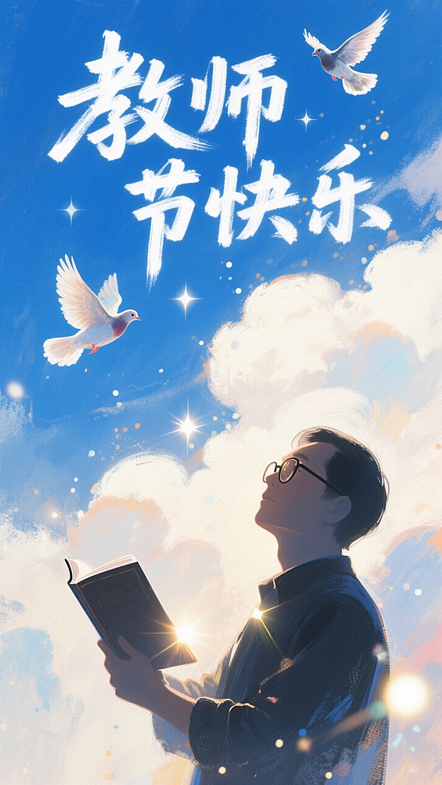 梦幻插画风，大字“教师节快乐”闪耀，鸽子与云朵营造温馨氛围。