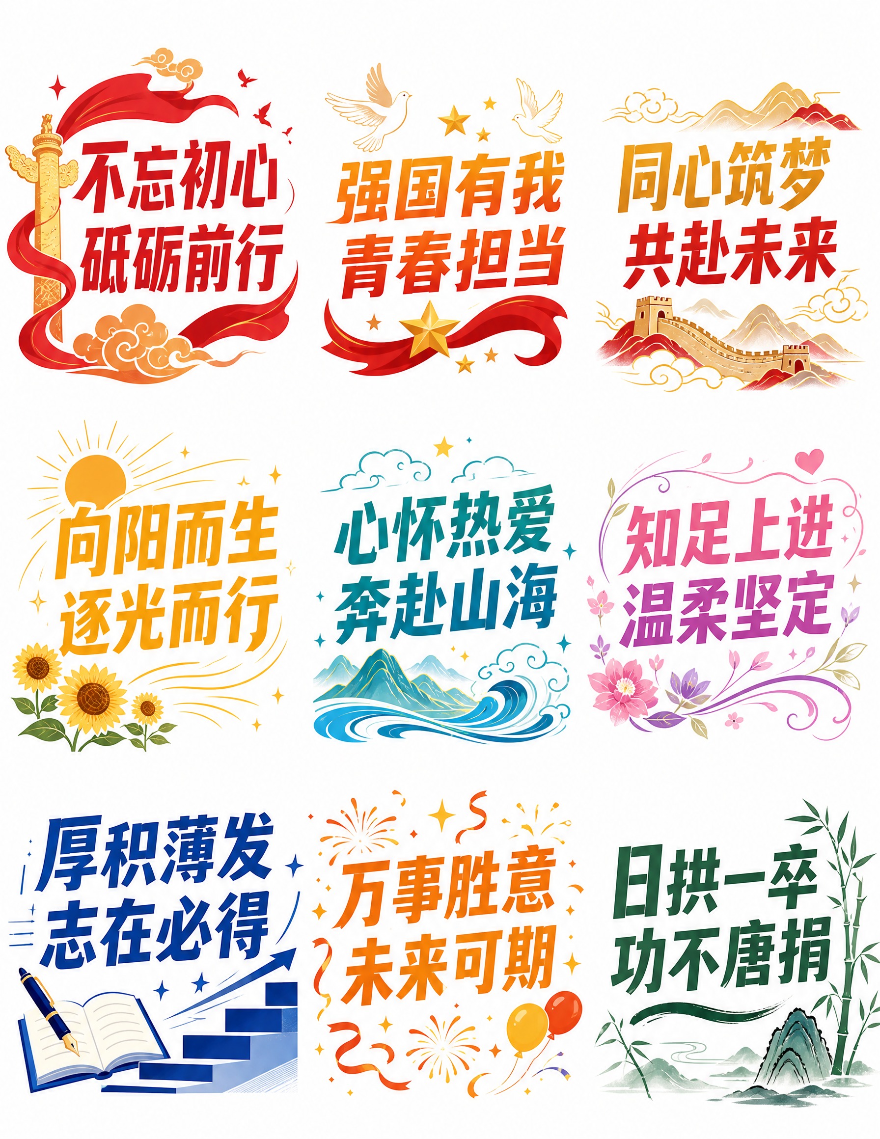 纯文字插画风格九宫格海报，3行3列布局，白色干净背景，每组独立… - 图片创意预览