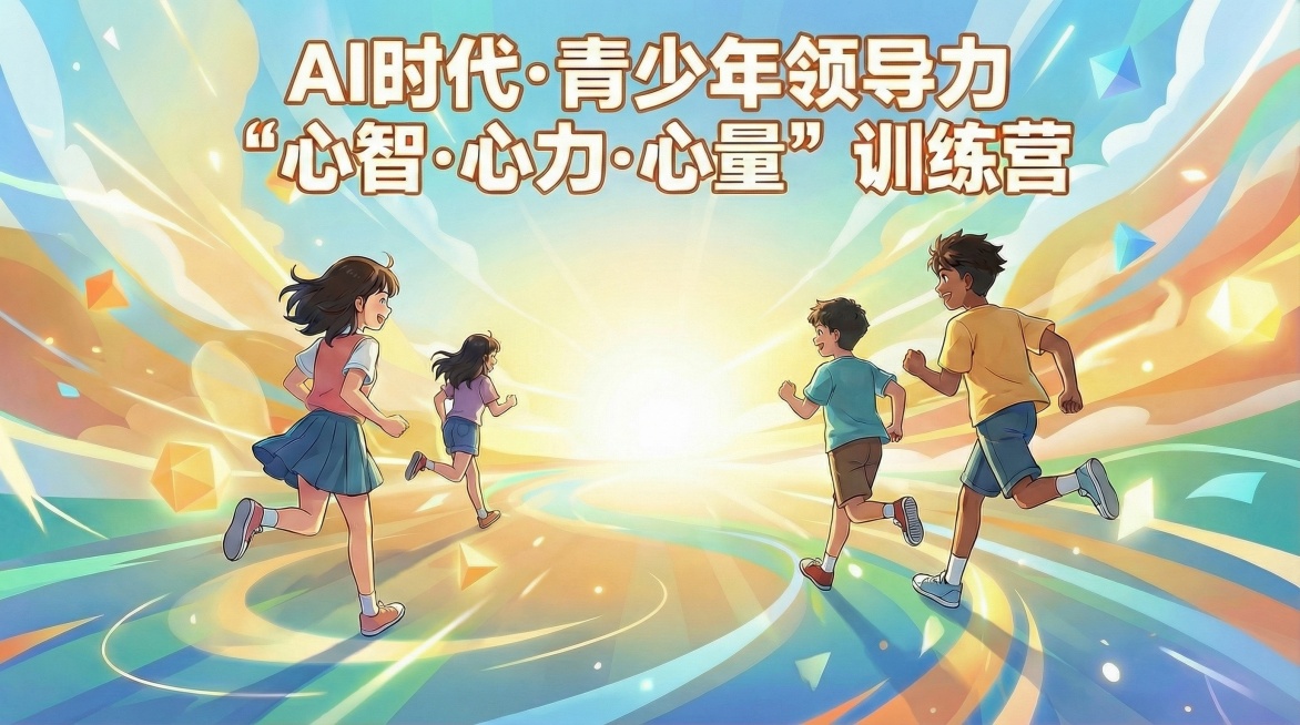 减少2个人物，主题文字改为“AI时代·青少年领导力“心智·心力·心量”训练营”预览效果
