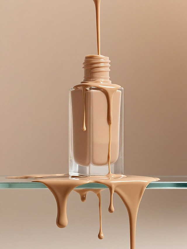 主体立在透明台面上，粉底液从上方滴落并沿着瓶身流淌，在瓶身及下方平面形成自然的液体积聚与流淌效果，暖色调渐变背景（从浅棕到米色过渡）