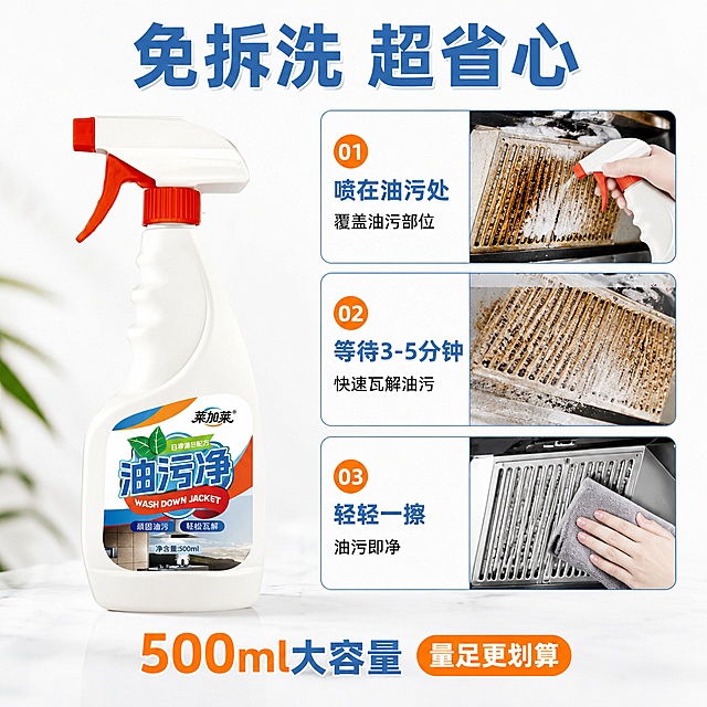 「图片1」，生成一套主图（5张），商品名称是油污净，卖点是顽固油污  轻松瓦解  免拆洗，适配拼多多平台，主图比例为1:1