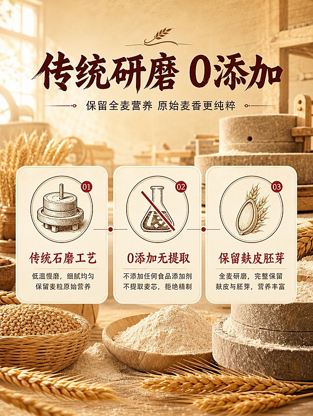 [画面] 目标：工艺品质页，展示传统研磨工艺与0添加无提取的品质承诺。版式：居中大标题+下方三栏工艺图示，背景为温暖的传统磨坊场景虚化，石磨、小麦、面粉等元素自然分布。阅读动线从上到下，顶部标题，中部三个工艺步骤图标配文字，底部小麦穗装饰。≥3层视觉层次（背景磨坊、中部工艺图标、前景麦穗）。
[视觉] 套系策略：风格=国内粮油食品家常烟火气商业摄影；标题字=粗黑体带轻微书法笔锋；正文字=简洁无衬线体；主色=暖麦黄+米白；背景延展=基于暖麦黄做深浅层级、同色渐变和细腻面粉/纸张质感；强调色=砖红色，仅用于小面积图标、引线和标签；标题色=深棕红；正文色=深暖灰；组件=圆角浅底信息卡、细线引线、麦穗图标；光影=左前侧暖柔光。
[文字] 顶部居中主标题「传统研磨 0添加」，副标题「保留全麦营养 原始麦香更纯粹」，下方3个工艺点横向三栏排列，每栏配图标：传统石磨工艺、0添加无提取、保留麸皮胚芽。所有文字横向排版。
[规格] 图片比例3:4竖版，4K分辨率，负向提示：避免出现产品包装袋、变形、错字、文字过小、冷蓝背景、虚假功效、极限词。