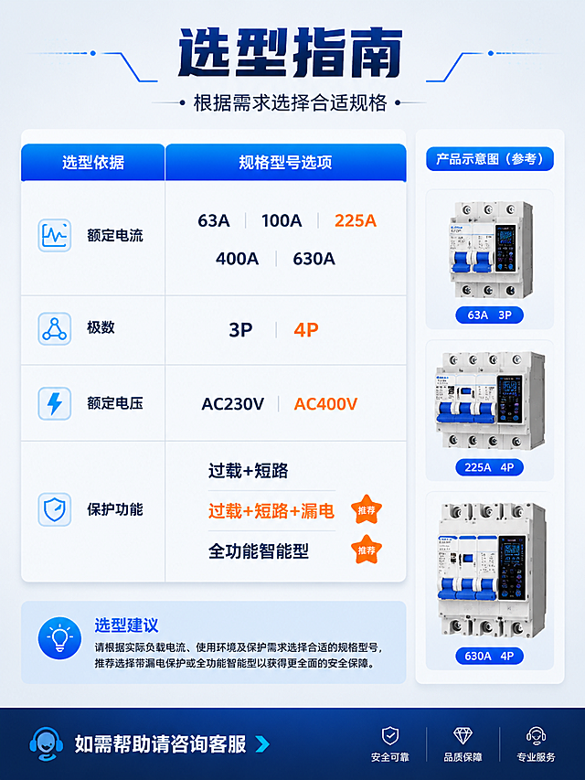 [第9屏] 选型指南-智慧塑壳断路器规格型号对照表。
[氛围/风格] 专业实用风，浅灰蓝背景，信息清晰，表格易读，商业设计质感。
[元素布局] 顶部标题区约20%；中部为选型对照表，表格形式，左列为选型依据（额定电流、极数、额定电压、保护功能），右列为对应型号规格选项；表格下方有选型建议提示；右侧有三个不同规格的断路器小型示意图作为参考；整体信息密度适中，图文结合。
[光影质感] 均匀柔光，平面设计为主，表格有轻微阴影增加层次感，产品示意图简洁清晰。
[配色色系] 全局底色 #F0F4F8（浅灰蓝）；主色 深蓝 #1A2942、电光蓝 #00D4FF；辅助色 白色表格、浅灰分隔线、橙色重点标注。
[视角构图] 左右分栏，左表格右示意图，阅读动线从上到下查阅表格。
[文字版式] 顶部主标题「选型指南」，副标题「根据需求选择合适规格」，深蓝粗体居中；表格内容：额定电流-63A/100A/225A/400A/630A，极数-3P/4P，额定电压-AC230V/400V，保护功能-过载+短路/过载+短路+漏电/全功能智能型；表格中重点推荐型号用橙色标注；底部有「如需帮助请咨询客服」提示；文字清晰可读。
[比例分辨率] 3:4 竖版比例，4K 分辨率，文字清晰可辨，高清画质。
[负向提示词] 表格错乱，文字过小，水印，颜色偏差，信息模糊。