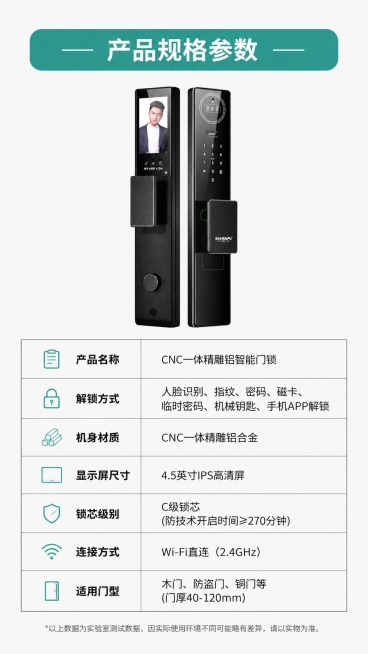 [第8屏] 规格参数收口-CNC一体精雕铝智能门锁产品完整参数信息。本屏使用【图1】产品小图放在顶部。
[氛围/风格] 简洁规范参数页，浅色背景，清晰易读，信息完整。
[元素布局] 顶部放置产品小图，预览效果