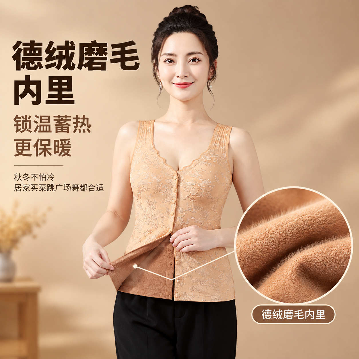[主图-4] 德绒磨毛内里细节图，核心任务是展示背心内侧德绒磨… - 图片创意预览