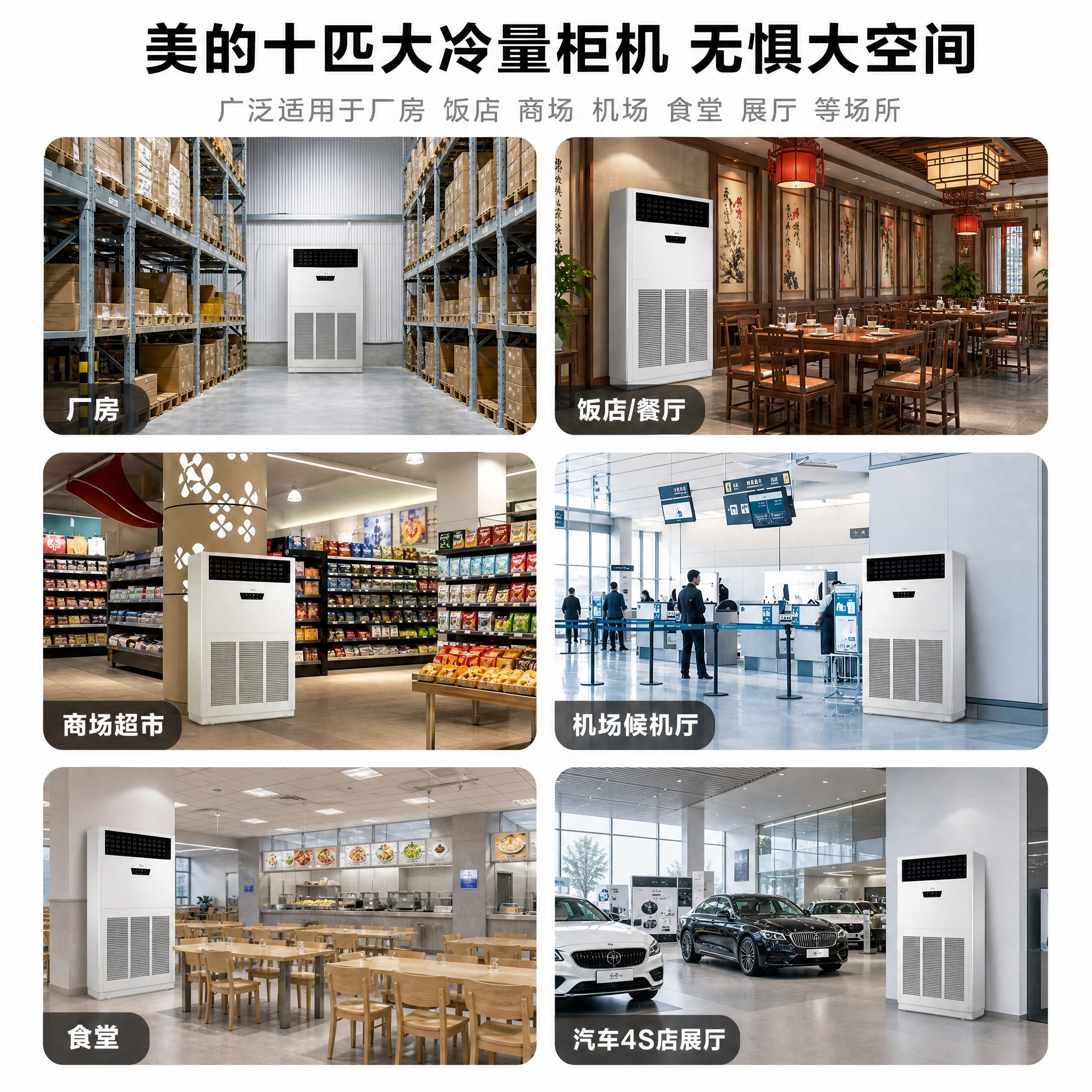 重新设计这张大冷量柜机多场景图，加入食堂场景，改为3行2列共6… - 图片创意预览