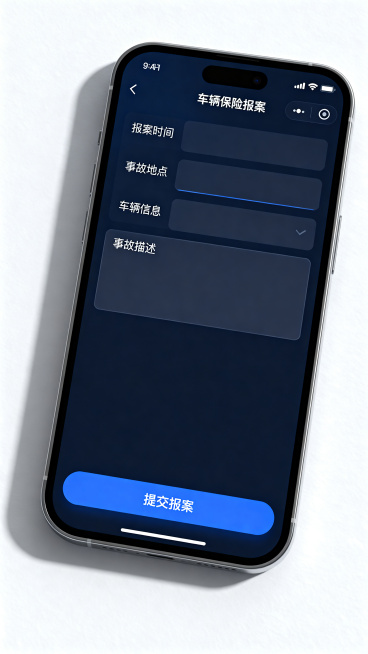 写实照片，手机屏幕上显示车险APP的车辆保险报案界面，整体画面干净专业，保险理赔主题，写实风格，清晰度高预览效果