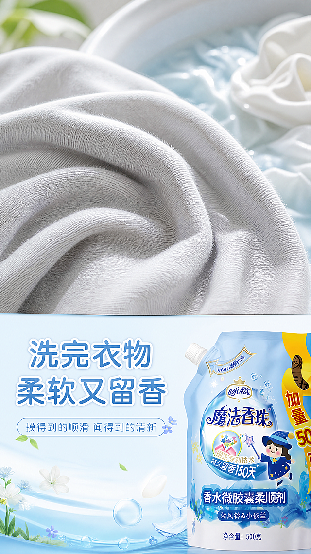 使用商品详情页技能根据商品图「图片1」生成详情页，参考图为，商品名称为蓝风铃柔顺剂，卖点为 ，适配平台为淘宝/天猫，图片比例为9:16，需求屏数为8张，