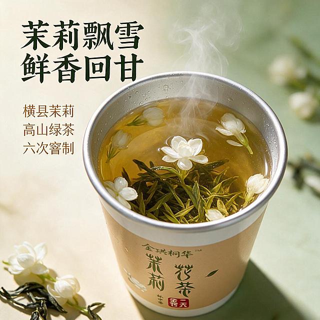 [主图-3] 茉莉花茶细节品质图，微距展示茶叶与茉莉花瓣的优质原料，突出鲜香回甘的口感，强化品质信任。
[统一基调] 整体风格清新自然、东方雅致、专业品质感；背景主色为浅米色与淡绿色渐变，点缀白色茉莉花元素；标题字色为深墨绿色，辅助字色为暖棕色，强调色为茉莉白与淡金色；主标题使用书法宋体风格厚重有力，辅助文案使用清爽黑体字号缩小50%以上；整体无厚重色块底板，画面干净通透。
[画面] 画面中央为微距特写视角，展示一杯冲泡好的茉莉花茶，金黄透亮的茶汤中舒展着翠绿的茶叶和洁白的茉莉花瓣，花瓣漂浮在茶汤表面，茶叶在水中缓缓舒展，茶汤表面有细微的热气升腾。杯口边缘清晰可见银色铝箔。背景虚化处理，隐约可见更多茉莉花和茶叶的剪影。画面左下角散落几朵新鲜茉莉花和少许干茶叶作为原料展示。整体画面突出茶汤的通透色泽和原料的品质感。
[光影质感] 商业微距摄影质感，自然暖阳逆光从侧后方照射，茶汤通透有光泽，茉莉花瓣晶莹剔透，茶叶纹理清晰可见，杯壁有细微的水珠冷凝效果，整体光影柔和富有层次感。
[配色] 浅米色淡绿色渐变背景，深墨绿色标题字，暖棕色辅助文字，金黄透亮茶汤，翠绿茶叶，洁白茉莉花瓣，整体色调清新诱人。
[文字版式] 画面左上方主标题"茉莉飘雪 鲜香回甘"使用书法宋体风格深墨绿色大字。主标题下方三行小字卖点："横县茉莉""高山绿茶""六次窨制"，使用清爽黑体暖棕色，字号为主标题的35%。文字放在负空间，不遮挡茶汤主体。
[输出要求] 1:1正方形比例，文字清晰可读，产品包装外观颜色文字与原图完全一致，杯身图案不变形。负向：禁止产品变形、错字、模糊、杂乱背景、水印、平台Logo、悬浮感、茶汤颜色失真、花瓣形态怪异。