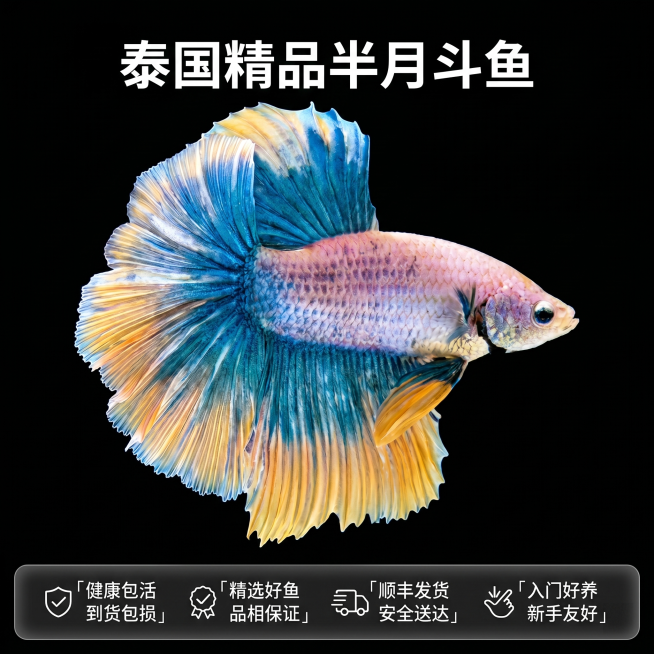 [主图 5] 泰国半月斗鱼服务承诺收尾主图。
[氛围风格] 清晰直观，值得信赖，风格统一；
[画质] 商业摄影质感，清晰真实，画面干净高级。
[元素] 完整展示一条状态舒展的泰国半月斗鱼占据画面中心，预览效果