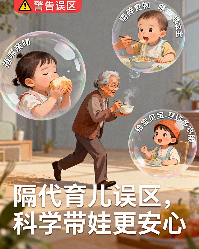 帮我制作一张体现老人带娃中的育儿误区的图片