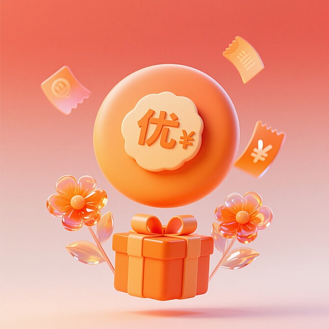 软3D风设计，橙色礼盒与花朵，营造喜庆氛围，优惠券飞舞，节日促销创意。