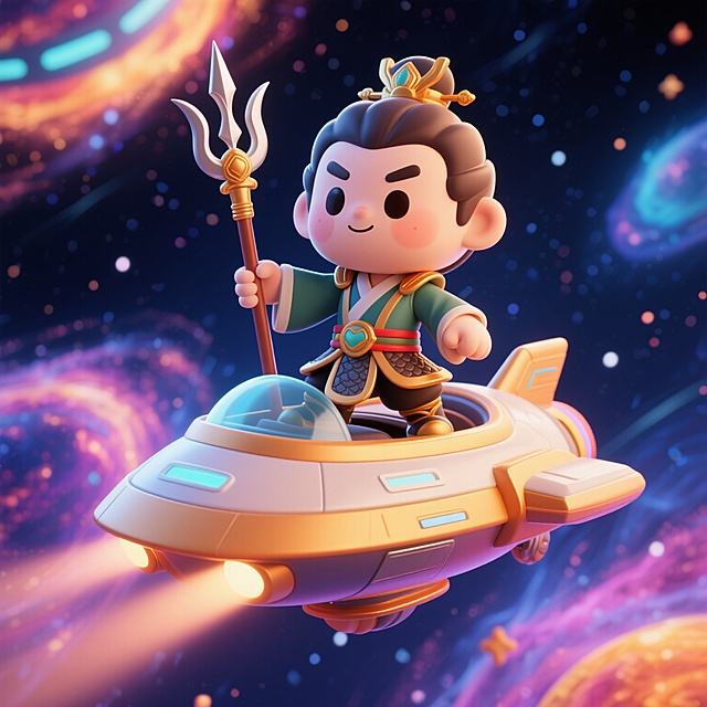 软3D风卡通角色，手持三叉戟，驾驶飞船穿梭宇宙，未来感与虚拟现实完美融合。