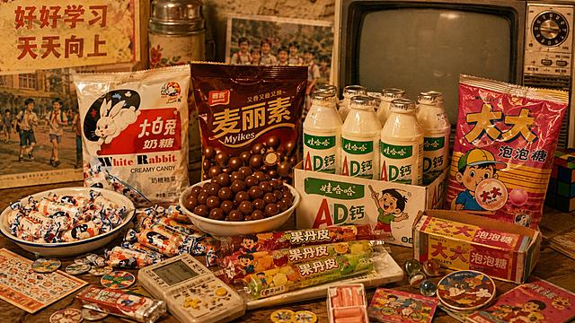 80、90后童年经典零食合集，包含大白兔奶糖、麦丽素、 AD钙奶、大大泡泡糖等复古包装，怀旧复古风格，暖黄色调，充满童年回忆氛围，整体画面温馨复古，长方形构图