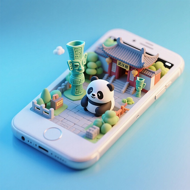 一个手机创意微缩场景，手机平放，侧面对着观众，手机俯视角度，立体的成都景观从屏幕内出来，有熊猫，三星堆，武侯祠，整体色调立体魔幻。青色背景。具有梦幻感,打光营造出柔和氛围强调梦幻和未来感的美学。