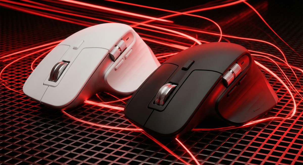 「图片1」「图片1」主体为鼠标，一白一黑两款，呈斜向错落摆放，两个鼠标摆放方向不一致，不是呈平行。。背景是深色网格底搭配动感红色光轨，营造电竞科技氛围。风格为硬核电竞风，色调以红黑为主，搭配鼠标的白与预览效果