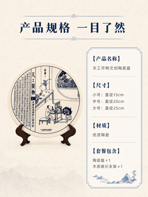 [第6屏] 规格参数页-天工开物文创陶瓷盘尺寸套餐展示。
[氛围/风格] 清晰信息卡排版，简洁明了，商业设计质感。
[元素布局] 左侧展示陶瓷盘+木质支架全家福，右侧为参数信息卡。保持产品外观图案颜色预览效果