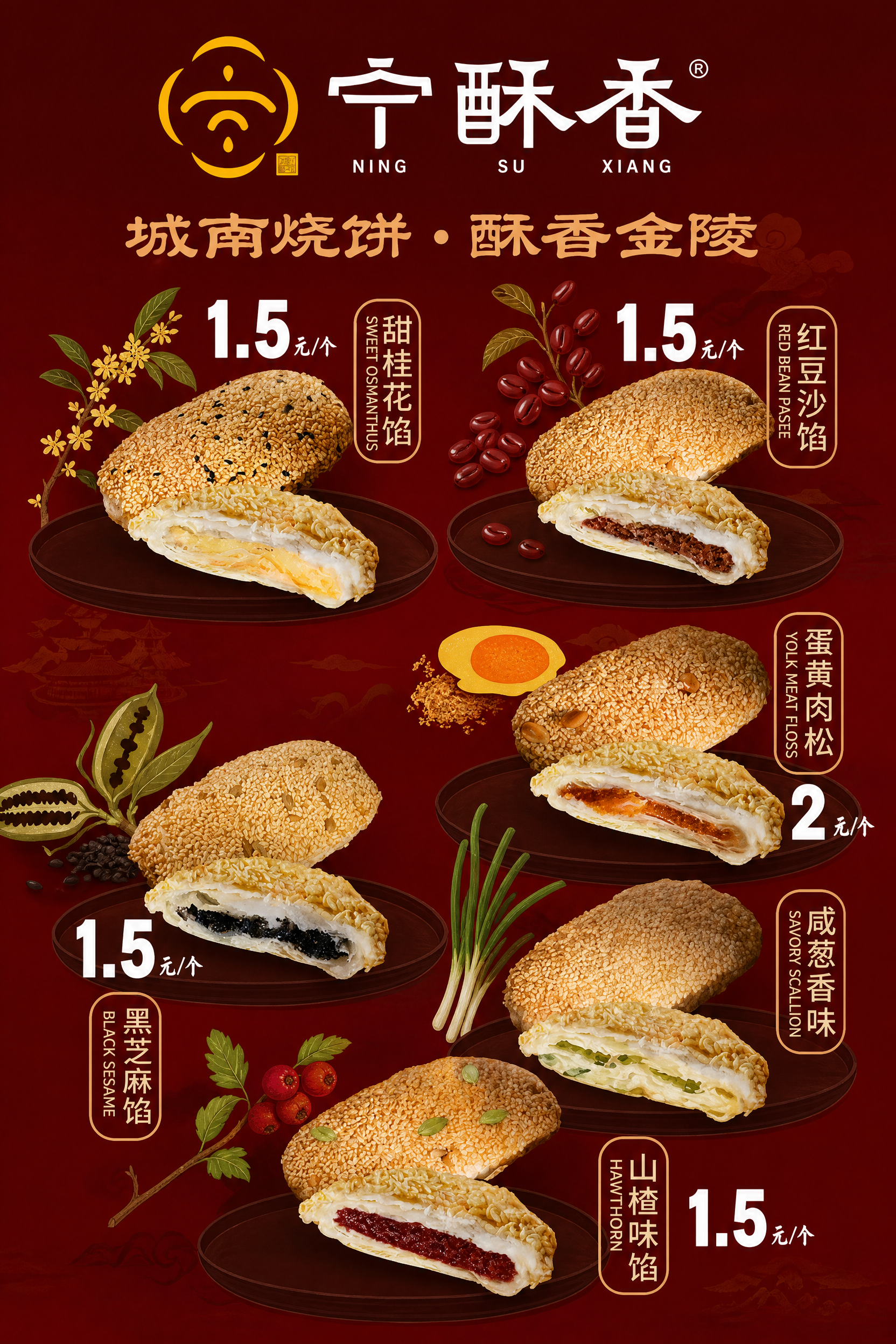 宁酥香烧饼产品海报，严格参考第一张图的版式骨架与构图布局。深红… - 图片创意预览