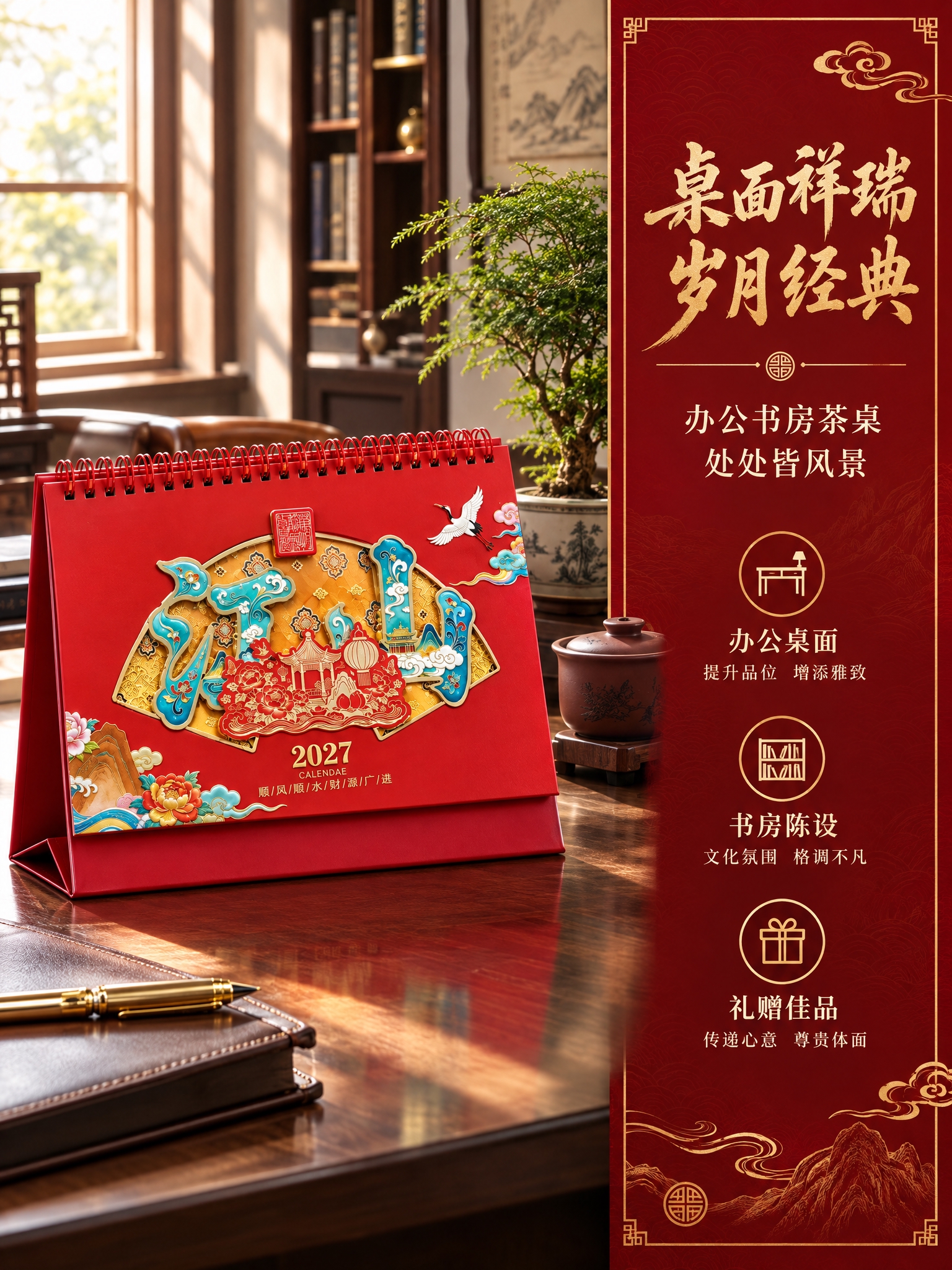 [商品] 使用【江山款】台历图；严格保留扇形透雕江山大字+山水… - 图片创意预览