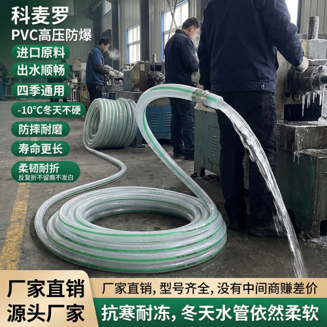 这张图片是产品主体这款产品是科麦罗PVC高压防爆软管  我需要设计10张主图在拼多多上面售卖    主图产品不变 可以用  水管洗车 等场景进行主图场景布局设计一个高级一些主图文案内容 进口原料 出水预览效果