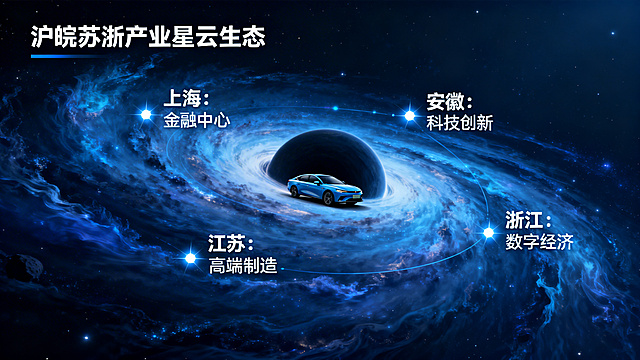 星云星系设计，四个恒星分别对应沪皖苏浙四省，每个恒星标注对应产业定位，四个恒星的引力共同汇聚塑造星云，中心超大质量黑洞位置放置新能源汽车，象征四地引力汇聚共同形成产业星云生态，吸引产业发展，深蓝太空科技风格，保留完整标题文案，16:9宽屏