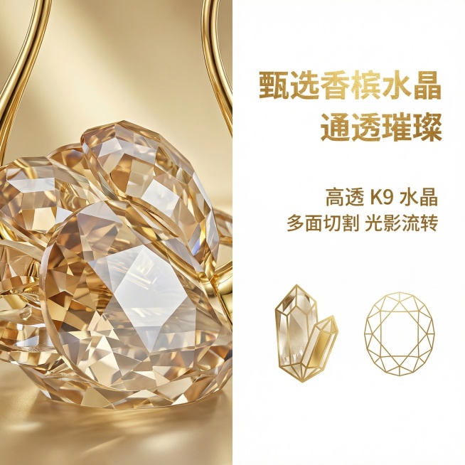 严格还原上传产品图里香槟色水晶天鹅的颜色、造型、所有细节，生成轻奢杂志风电商主图，产品尺寸比例保持1:1。页面采用左图右文的杂志分栏排版，左侧以超大特写展示香槟色水晶天鹅的水晶部分，聚焦多面切割的璀璨预览效果