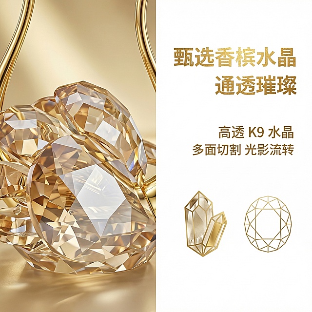 严格还原上传产品图里香槟色水晶天鹅的颜色、造型、所有细节，生成轻奢杂志风电商主图，产品尺寸比例保持1:1。页面采用左图右文的杂志分栏排版，左侧以超大特写展示香槟色水晶天鹅的水晶部分，聚焦多面切割的璀璨切面，右侧搭配水晶材质可视化图标，包含水晶原石和切割工艺简化示意图，居中置顶位置是烫金字体主标题“甄选香槟水晶 通透璀璨”，主标题下方是居中副标题“高透 K9 水晶 多面切割 光影流转”，背景为浅金渐变，商业级 8K 超清，光线突出水晶的通透感和切面折射效果，中文文字统一使用思源黑体 Bold 烫金效果，字间距 1.2，行间距 1.5，排版精致对齐。负面提示词：模糊，噪点，变形，颜色失真，文字排版混乱，产品造型扭曲，背景杂乱，低分辨率，割裂感，廉价感，多余元素，阴影过重，过曝欠曝，水晶质感浑浊