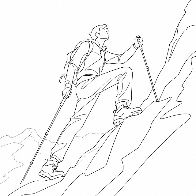 抽象线条高度概括风格年轻男性登山者，修长人物比例，极简线条艺术，大透视角度，强烈视觉张力，登山穿搭，身穿速干衣和长裤，脚穿登山鞋，手持登山杖，攀登姿势，用极少的流畅线条高度概括人物形态，白色背景，纯线条艺术无填充，矢量风格，概括细节，现代简约艺术感，全身像