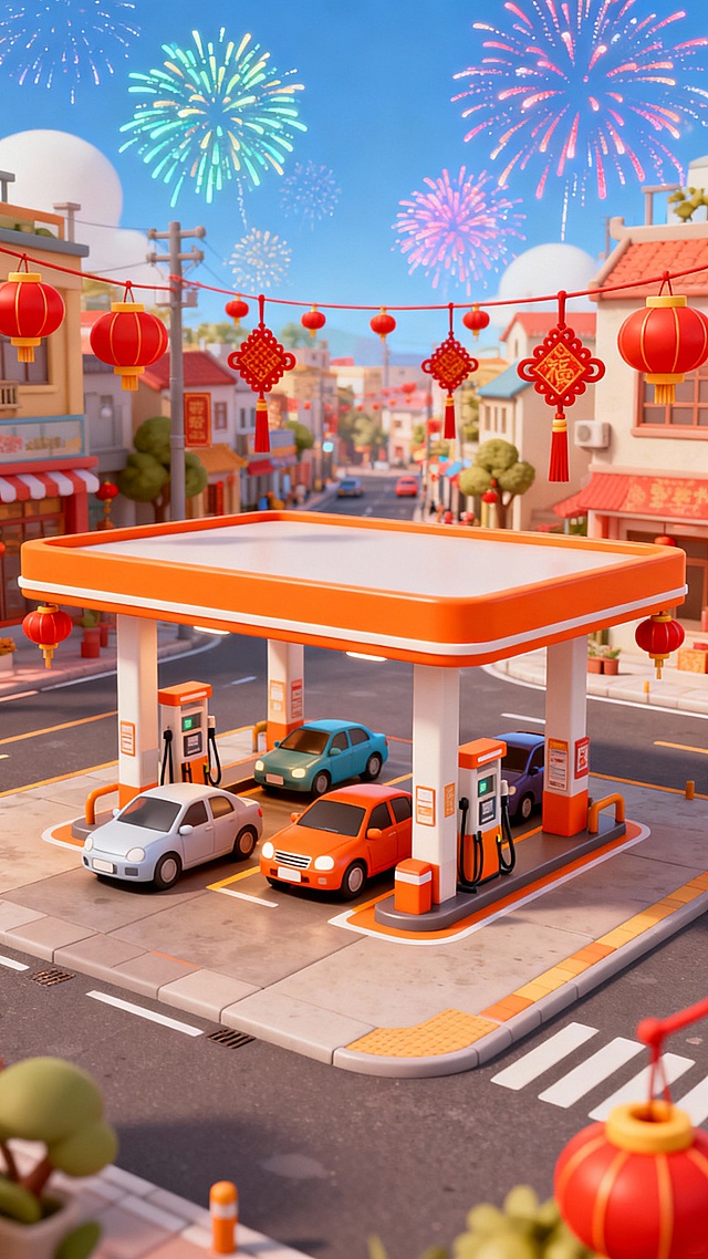 橙色的加油站，汽车进站，背景是城镇，过年氛围，3D卡通风