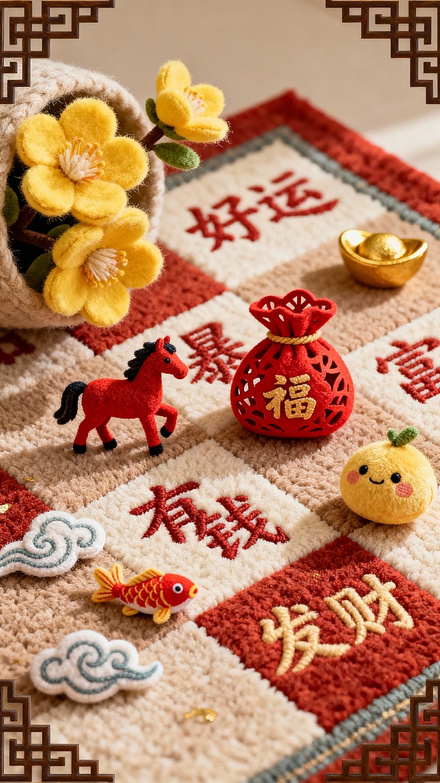 国潮风微缩艺术，刺绣质感布面搭配毛发生长式绒花与卡通萌物，红金配色满溢喜庆感，中式吉祥元素传递新年好运发财祝福。
