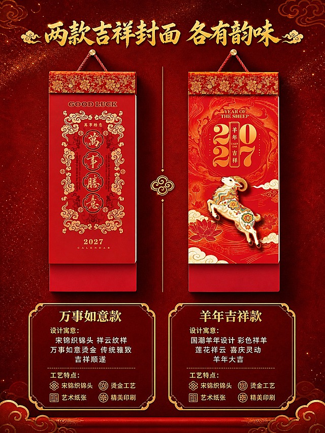 [商品] 使用【图1】【图2】两款2027中国传统文化双日历；每款保留完整结构和底部80mm广告位，分别为万事如意款、羊年吉祥款；清晰化每款的封面设计和烫金织锦质感。
[画面] 第4张 两款封面鉴赏页。左右两栏布局，每款占一栏，中间用金色祥云纹样分隔。左侧万事如意款，右侧羊年吉祥款。每款挂历下方标注款式名称+设计寓意+工艺特点。背景为深红渐变+洒金纹理，顶部有大标题，整体如画卷般展示两款封面的精美设计。
[视觉] 套系策略：风格=国潮中国红高端商业摄影；标题字=大气书法体+烫金效果；正文字=简洁黑体；主色=中国红+深红；背景延展=基于深红做深浅渐变、绒面质感、祥云暗纹延展；强调色=烫金色，仅用于标题、图标、引线和装饰；标题色=烫金色；正文色=米白；组件=金色祥云边框、圆角深红底金纹信息卡、传统纹样装饰；光影=侧方暖光+正面柔光，突出烫金金属反光和织锦纹理。
[文字] 顶部主标题"两款吉祥封面 各有韵味"，左侧标注："万事如意款 宋锦织锦头 祥云纹样 万事如意烫金 传统雅致 吉祥顺遂"，右侧标注："羊年吉祥款 国潮羊年设计 彩色祥羊 莲花祥云 喜庆灵动 羊年大吉"。
[规格] 图片比例3:4竖版，2K，避免变形、错字、文字过小、冷蓝背景、挂历结构缺失、底部广告位不完整。