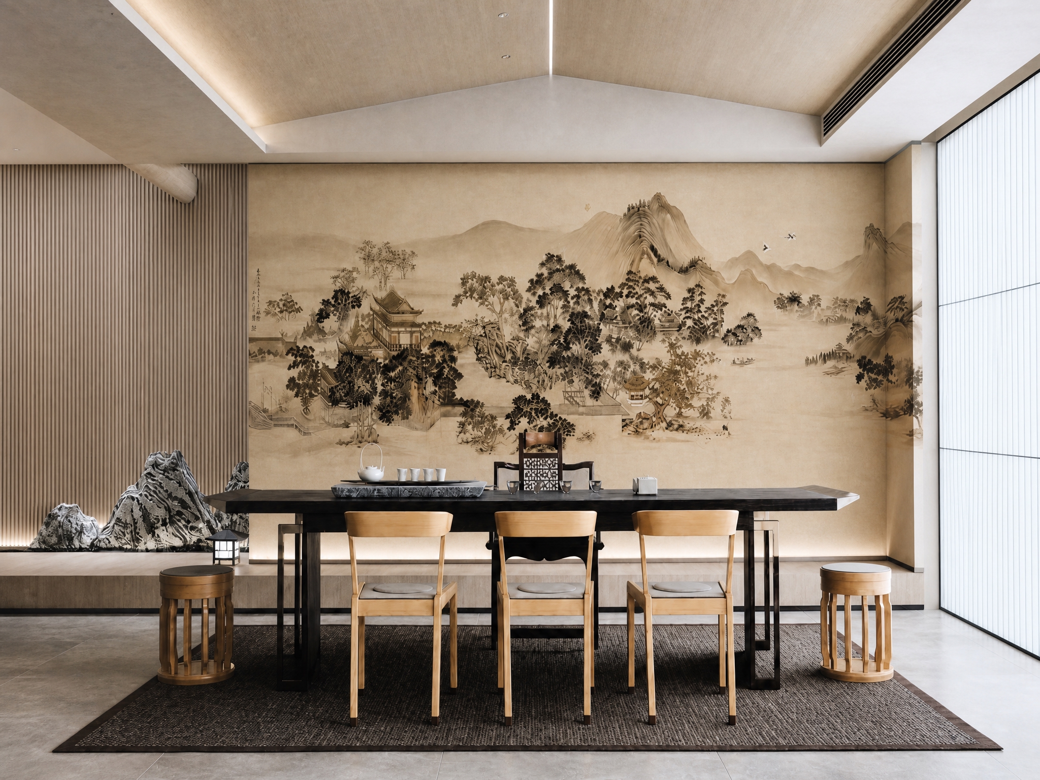 将参考图中的水墨古建山水刺绣硬包背景墙，替换到新中式茶室会所的… - 图片创意预览