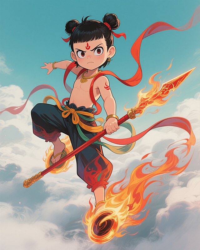 动漫风格的哪吒，少年模样，扎着双丸子头，额间有红色印记，身穿混天绫，脚踩风火轮，手持火尖枪，表情桀骜不驯，背景是云雾缭绕的天空，整体画面色彩鲜艳，充满动感和力量感