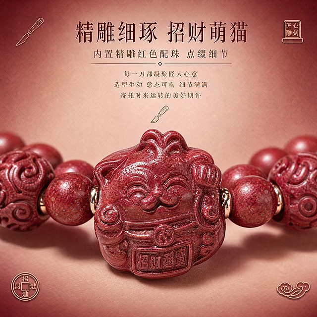 [商品] 使用【图1】紫金砂招财猫平安转运珠双圈手串；保留所有部件外观、颜色、材质和结构，不做任何二创修改。
[画面] 页面目标：招财猫精雕工艺卖点，展示雕刻细节。构图：招财猫坠饰超大特写位于画面中心，雕刻纹理清晰可见，憨态可掬。周围环绕几颗朱砂主珠和回纹珠作为衬托。背景为酒红到裸粉渐变纸质感，叠加极淡的回纹暗纹。画面四角点缀：左上小刻刀图标配饰、右上小印章配饰、左下小铜钱配饰、右下小如意配饰，呼应雕刻工艺主题。景别：超微距特写。阅读动线：从中心向外。
[视觉] 套系策略：风格=高级国风珠宝商业摄影；标题字=纤细宋体类国风字体；正文字=简洁宋体；主色=酒红+裸粉渐变；背景延展=酒红到裸粉深浅渐变+纸质感肌理+淡回纹；强调色=紫金红；标题色=深酒红色；正文色=米金色；组件=雕刻刀图标、印章图标；光影=侧光突出雕刻纹理的立体感和层次感。
[文字] 画面上方居中：主标题"精雕细琢 招财萌猫"，副标题"内置精雕红色配珠 点缀细节"；下方三行说明"每一刀都凝聚匠人心意""造型生动 憨态可掬 细节满满""寄托时来运转的美好期许"。配刻刀线性图标。
[规格] 1:1正方形，2K分辨率，medium质量。负向：变形、错字、模糊、杂乱、水印、平台Logo、产品外观改变、迷信宣传。