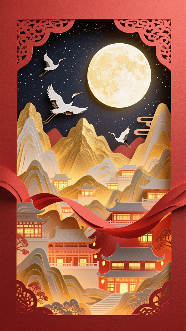 提示词
一轮巨大的圆月为占据画面中心的特写，底部以工笔风格呈现出全景的金色的山峦叠嶂间呈现古今建筑里万家灯火渐变温暖的光影，月亮装饰，白鹤飞舞，星空。红绸穿绕，红色基底